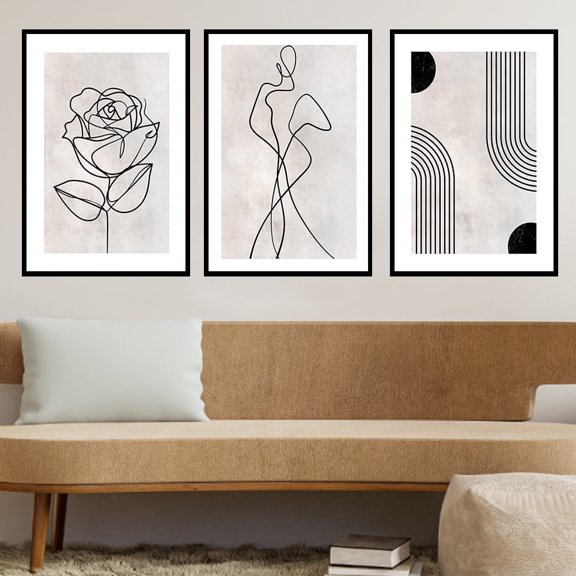 3pcs Canvas Wall Art Set, Minimalist Line Art Prints, Black and White, Abstract Rose, Female Silhouette, Geometric Patterns, Modern Decor, Frameless, with No Electricity Needed for Living Room, Bedr