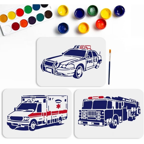 3pcs Car Ambulance Police Car Stencil 11.78.3inch Large Car Themed Stencils with Paint Brush Fire Engine Vehicle Stencil Template for Canvas Wall Wood DIY Craft Home Decor White