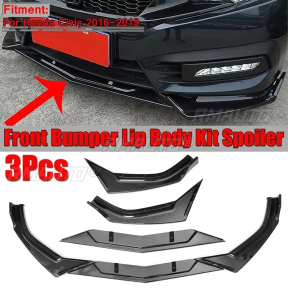 3pcs Carbon Fiber Look Car Front Bumper Lip Splitter Spoiler Diffuser Spoiler Cover Trim For Honda For Civic 2016-2019 Body Kit