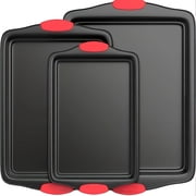 3pcs Carbon Steel Non-Stick Oven Bakeware Set with Red Silicone Handles Commercial-Grade