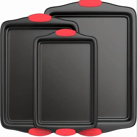 3pcs Carbon Steel Non-Stick Oven Bakeware Set with Red Silicone Handles Commercial-Grade