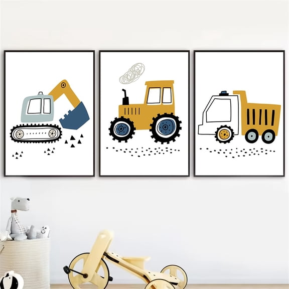 3pcs Cartoon Construction Vehicle Art Prints - Excavator, Tractor, Dump Truck Canvas Posters for Kids' Room Decor, Modern Nordic Style Wall Art, Frameless, Indoor Use, Bedroom, Nursery, Playroom Dec