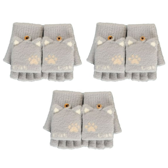 3pcs Cartoon Cute Cat Ears Half Finger Flap Warm Student Writing Knitted Gloves - gray