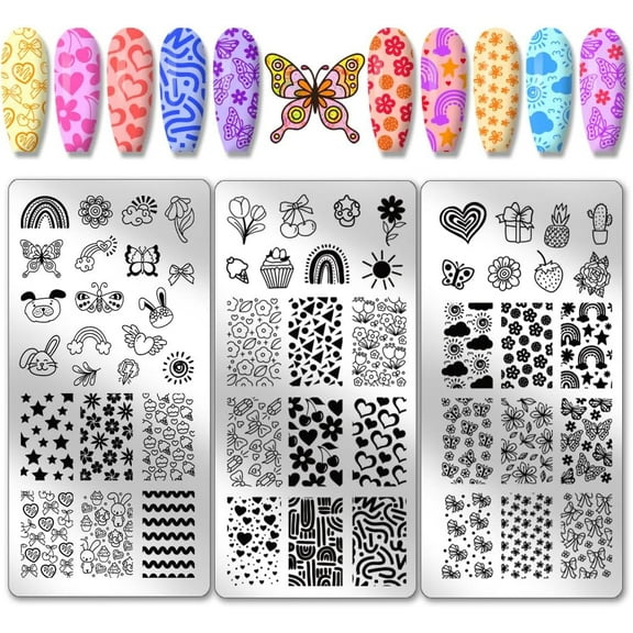 3pcs Cartoon Nail Art Templates Bowknot Rainbow Nail Stamping Plate Butterfly Flower Nail Art Stencils Stainless Steel Nail Image Plate for Nail Design Print Manicure Salon diy
