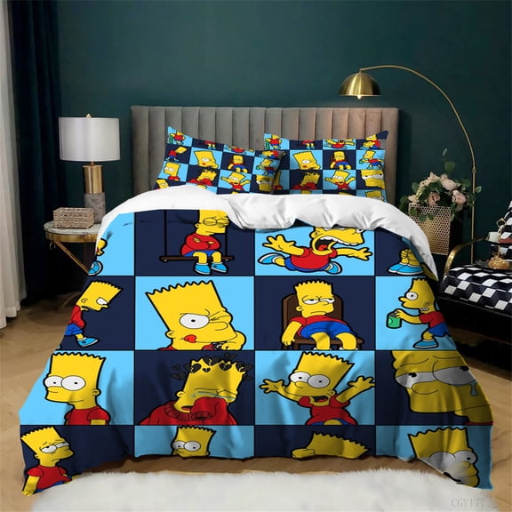 3pcs Cartoon The Simp-sons Bedding Set All Season Soft Comfortable Quilt Cover Light-Weight Duvet Cover Set with Zipper Closure