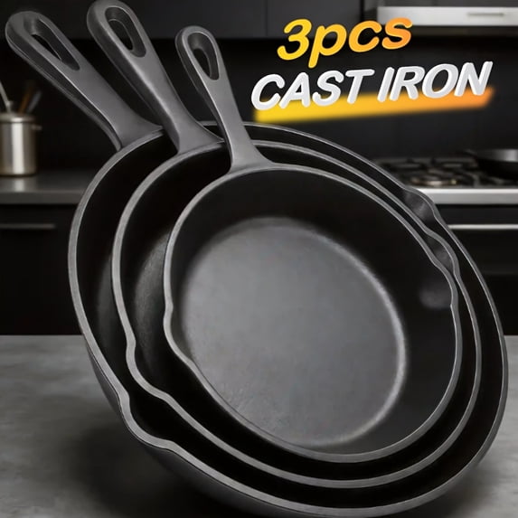 3pcs Cast Iron Skillet Pan Set - HEAVY-DUTY Uncoated Cookware Suitable for Steak, Eggs, & Searing - Even Distribution, Indoor/Outdoor Use - No Non-Stick Coating, Hand Wash Only (3pcs Pans)