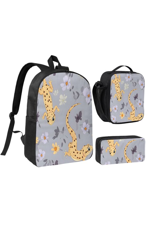 3pcs Casual Daypack 17 Inch Backpack Set Bookbag+Pencil Case+Lunch Bag Combination For Travel Work Camping Cartoon Leopard Gecko Reptile