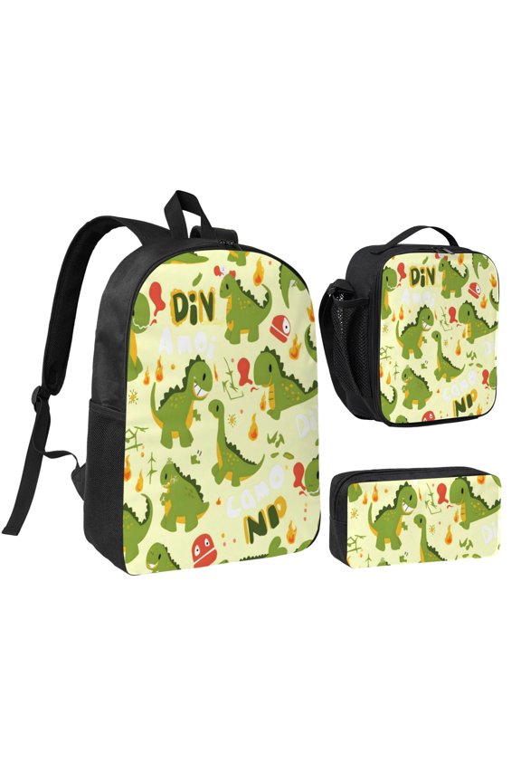 3pcs Casual Daypack 17 Inch Backpack Set Bookbag+Pencil Case+Lunch Bag Combination For Travel Work Camping Cute Cartoon Pattern With Dinosaurs