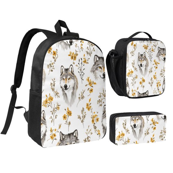 3pcs Casual Daypack 17 Inch Backpack Set Bookbag+Pencil Case+Lunch Bag Combination For Travel Work Camping Funny Wolf