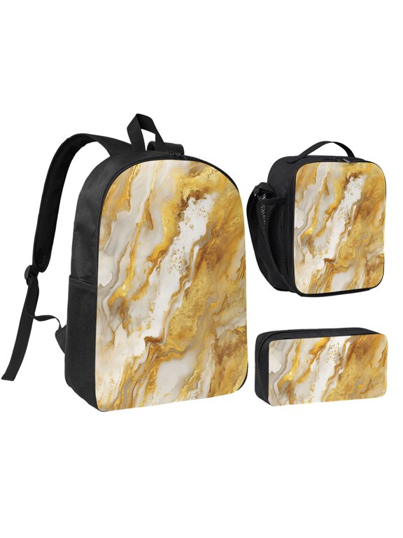 3pcs Casual Daypack 17 Inch Backpack Set Bookbag+Pencil Case+Lunch Bag Combination For Travel Work Camping Gold Marble_1