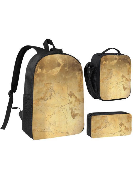 3pcs Casual Daypack 17 Inch Backpack Set Bookbag+Pencil Case+Lunch Bag Combination For Travel Work Camping Gold Marble_3