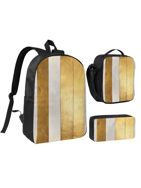 3pcs Casual Daypack 17 Inch Backpack Set Bookbag+Pencil Case+Lunch Bag Combination For Travel Work Camping Gold Stripe_1