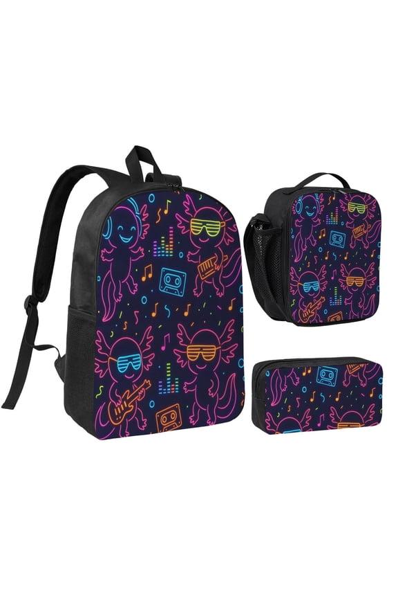 3pcs Casual Daypack 17 Inch Backpack Set Bookbag+Pencil Case+Lunch Bag Combination For Travel Work Camping Neon Party Axolotls - 80s Synthwave