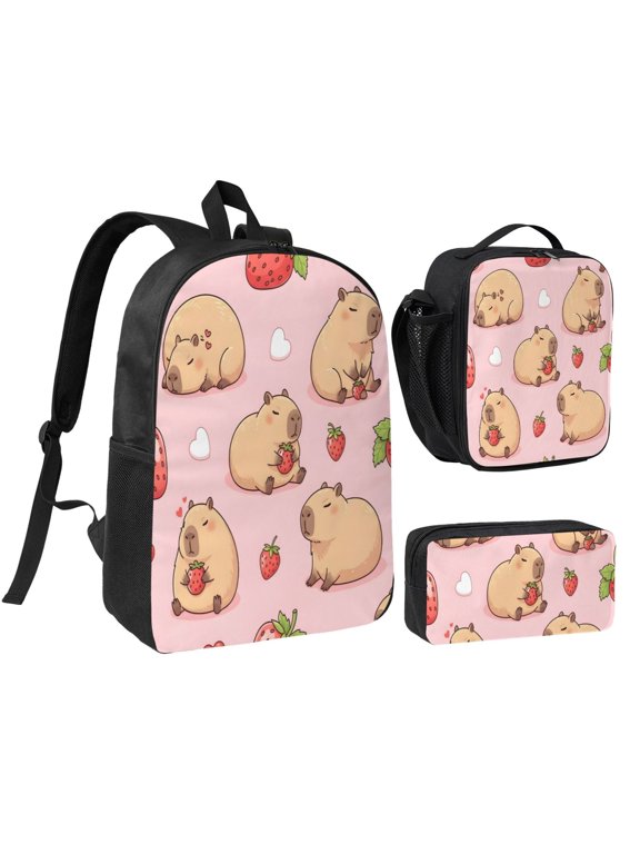 3pcs Casual Daypack 17 Inch Backpack Set Bookbag+Pencil Case+Lunch Bag Combination For Travel Work Camping Pusheen Capybara Pattern