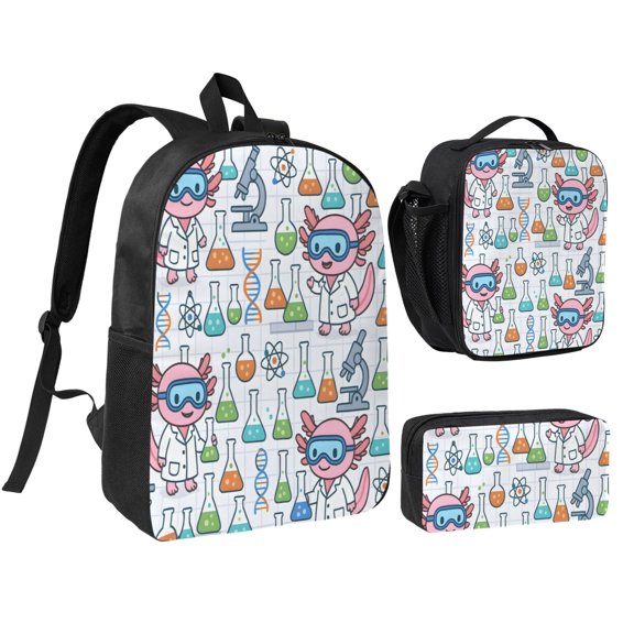 3pcs Casual Daypack 17 Inch Backpack Set Bookbag+Pencil Case+Lunch Bag Combination For Travel Work Camping Science Lab Axolotls - Educational Play