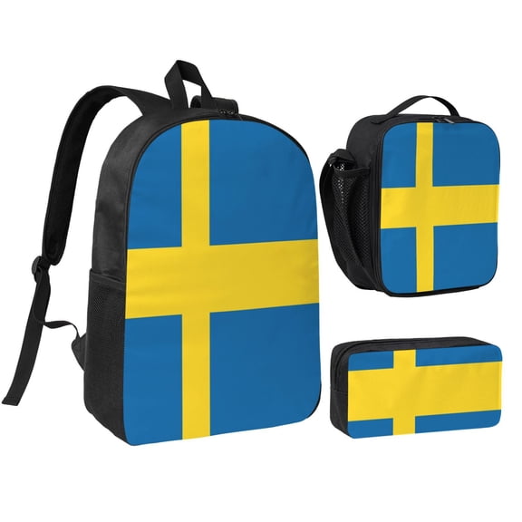 3pcs Casual Daypack 17 Inch Backpack Set Bookbag+Pencil Case+Lunch Bag Combination For Travel Work Camping Sweden Flag Swedish