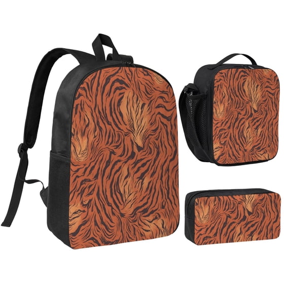 3pcs Casual Daypack 17 Inch Backpack Set Bookbag+Pencil Case+Lunch Bag Combination For Travel Work Camping Tiger Print Style Darkred_1
