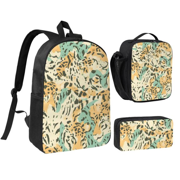3pcs Casual Daypack 17 Inch Backpack Set Bookbag+Pencil Case+Lunch Bag Combination For Travel Work Camping Tiger Skin Print Style Lightgreen_2
