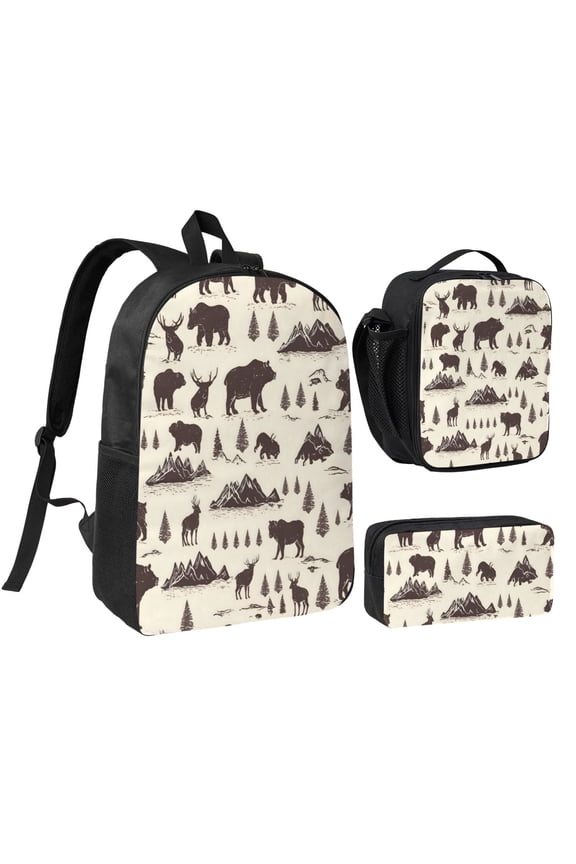 3pcs Casual Daypack 17 Inch Backpack Set Bookbag+Pencil Case+Lunch Bag Combination For Travel Work Camping Wildland Mountain Animals