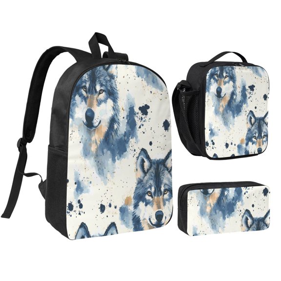 3pcs Casual Daypack 17 Inch Backpack Set Bookbag+Pencil Case+Lunch Bag Combination For Travel Work Camping Wolf