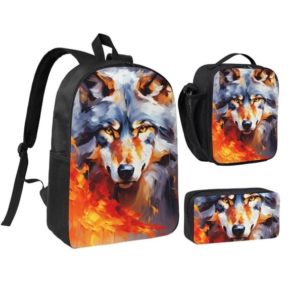 3pcs Casual Daypack 17 Inch Backpack Set Bookbag+Pencil Case+Lunch Bag Combination For Travel Work Camping Wolf