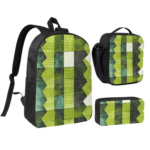 3pcs Casual Daypack 17 Inch Backpack Set Bookbag+Pencil Case+Lunch Bag Combination For Travel Work Camping Chartreuse Retro Houndstooth Hand-Drawn Sketch_4