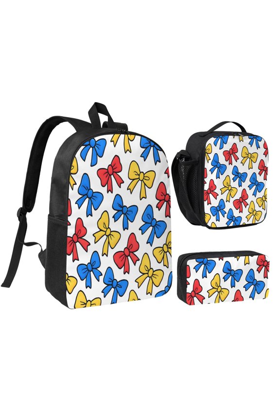 3pcs Casual Daypack 17 Inch Backpack Set Bookbag+Pencil Case+Lunch Bag Combination For Travel Work Camping Playful Cartoon Primary Color Ribbon Bow Pattern