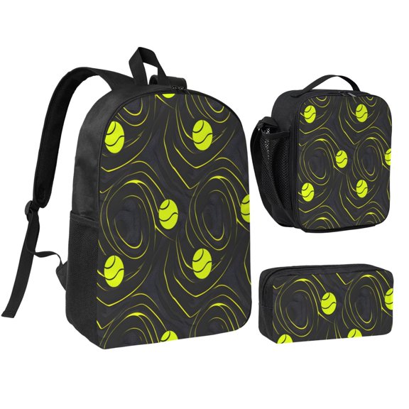 3pcs Casual Daypack 17 Inch Backpack Set Bookbag+Pencil Case+Lunch Bag Combination For Travel Work Camping Tennis Sport Theme Modern Athletic Style Tennis Balls