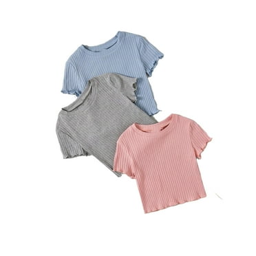 3pcs Casual Plain Round Neck Dusty Pink Color Tween Girls T-Shirts (Girl's)