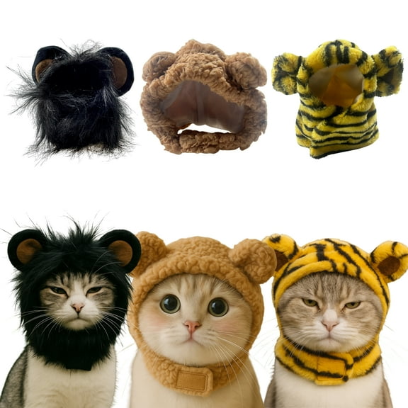 3pcs Cat Costume Hats – Lion, Tiger, and Bear Headwear Set, Adjustable Soft Plush Pet Hats for Cats, Dogs & Small Pets, Funny Halloween Christmas Outfits (3 Pack, 1.6 oz)