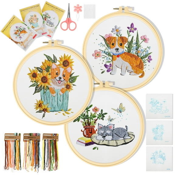 3pcs Cat Dog Pattern Embroidery Kit, EEEkit Cross Stitch Practice Set with Hoops