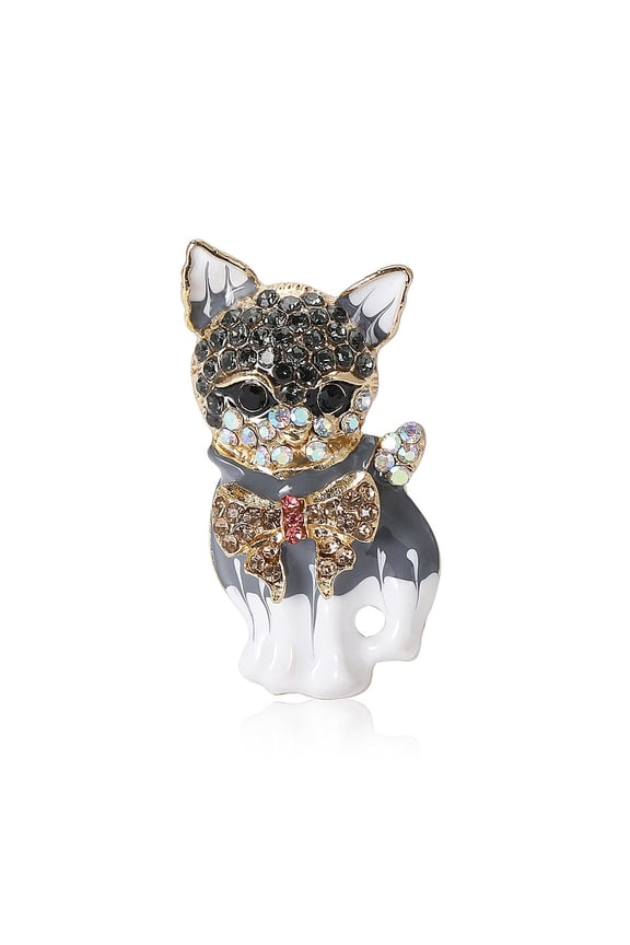 3pcs Cat Shaped Alloy Enamel Pins Colorful Rhinestone Kitten Brooch Light Grey 45x21mm