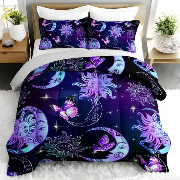 3pcs Celestial Sun Moon Butterfly Comforter Set, Mystic Bedding Set for Bedroom or Guest Room Decor, All Seasons Quilt Machine Washable Duvet with 2 Pillowcases