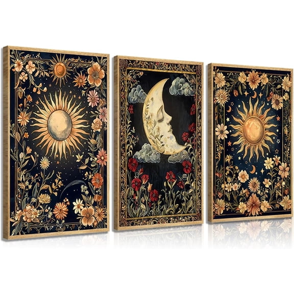 3pcs Celestial Sun and Moon Canvas Wall Art Crescent Moon Tarot Picture Botanical Wildflowers Painting Posters Astrology Gothic Print Aesthetic Artwork for Living Room Bedroom Decor canvas