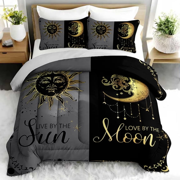3pcs Celestial Sun and Moon Comforter Set, Mystical Bedding Set for Bedroom or Guest Room Decor, All Seasons Quilt Machine Washable Duvet with 2 Pillowcases