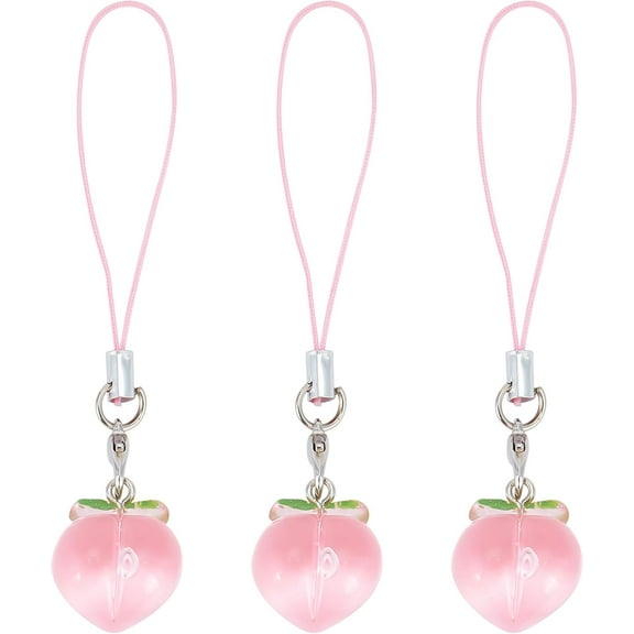 3pcs Cell Phone Strap Charm Peach Resin Charm Hanging Keychain for Women with Polyester Cord Pink 8.4cm