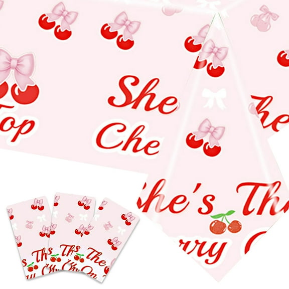 3pcs Cherry Birthday Decorations Tablecloths, Large Size Cherry and Bows Birthday Decorations Table Cloth for Cherry Themed Party, 54 x 108 Inch