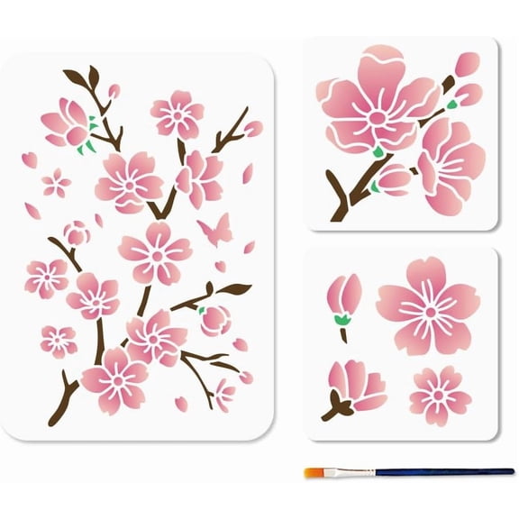 3pcs Cherry Blossom Flower Stencils 5.95.9/11.78.3inch Blossom Branch Stencil A4 Reusable Plastic Template Plant Stencils for Painting on Wood DIY Crafts Wall Canvas
