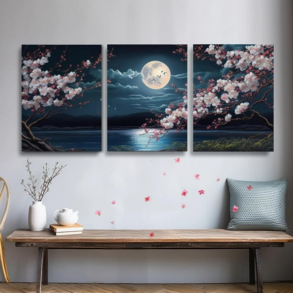 3pcs Cherry Blossom Moon Lake Canvas Wall Art Set, Japanese Aesthetic Floral Landscape Prints, Frameless Decor for Living Room, Bedroom, Kitchen, Office - Nature-Inspired Artwork
