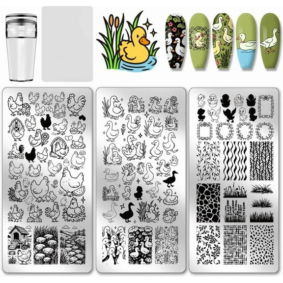 3pcs Chickens Ducks Nail Stamp Plate Farm Theme Print Art Template Stainless Steel Nail Image Plate Farm Animals Nails Stencils for Women Manicure Salon 4.7x2.3 inch