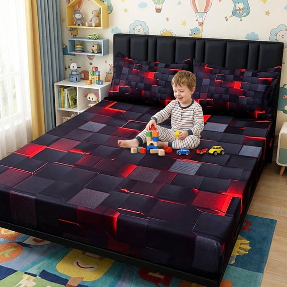 3pcs Children Cool Technology Digital Printing Material Plaid Fitted Sheet(1pc Fitted Sheet+6pcs Pillowcase No Filling) Suitable for All Seasons, Breathable And Comfortable(Red,Twin)