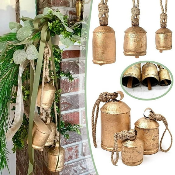 3pcs Christmas Bell Brass Cow Shabby Style, Metal Hanging Giant Cow Bells Decor, Vintage Wall Ornament for Home