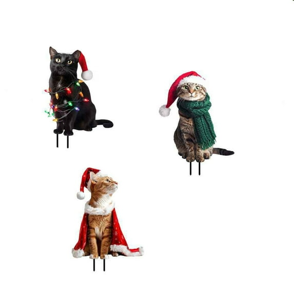3pcs Christmas Cat Garden Insert Art Decoration Christmas Cat Garden Decoration Gardening Insert Decoration for Outdoor