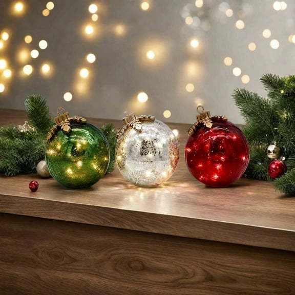 3pcs Christmas Decorations - Elegant Shatterproof Glass Sphere for Festive Holiday – Battery-Powered LED Lights, Assorted Designs & Sparkling Finishes, Versatile Decor