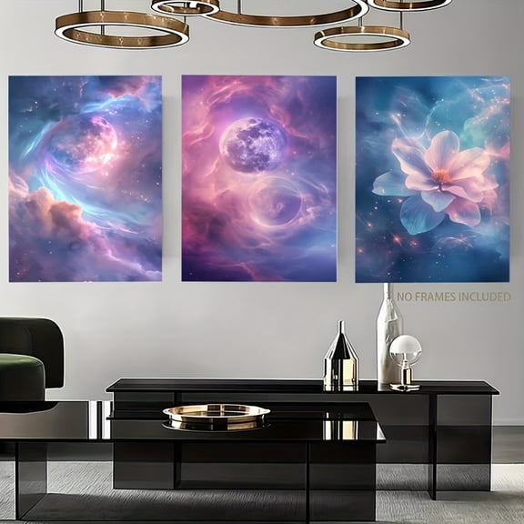 3pcs, Christmas Gifts, Home Decorations, 2D Flat, Unframed, Set of 3 Pastel Galaxy Art Prints - Celestial Moon Murals, Dreamy Blue Moon, Cosmic Aesthetics. Suitable for Wall Decoration Paintings in