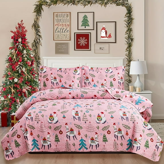 3pcs Christmas Quilt Twin/Queen/King Christmas Bedding Set, Xmas Tree Elk Snowflake Christmas Holiday Quilt Set, Rustic Cabin Lightweight Reversible Microfiber Christmas Bedspread Coverlet Ultra Soft