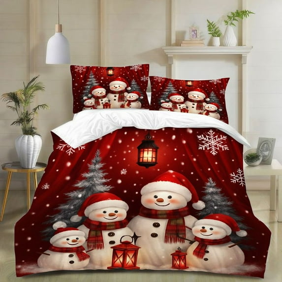 3pcs Christmas Snowman Family Duvet Cover, Holiday Winter Snow Decor Bedding Sets, Soft Microfiber Red Bedroom Quilt with Pillowcases for Xmas Season Home Decoration 1 Duvet Cover 2 Pillowcases