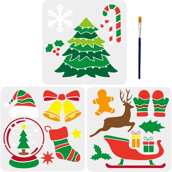 3pcs Christmas Theme Stencils Christmas Tree Snowflakes Ball Moose Bell Socks Stencil 11.811.8inch with Paint Brush PET Christmas Template for Gifts Art DIY Crafts diy