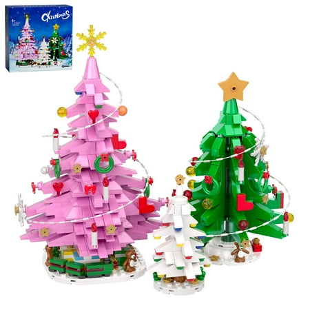3pcs Christmas Tree Building Block Sets with LED lights, Pink Christmas Tree Model Construction Toy for Adults Kids (743Pcs)