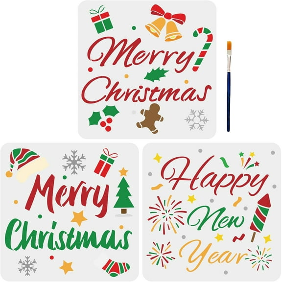 3pcs Christmas Word Stencils 11.811.8inch Christmas Quotes Stencils Merry Christmas Happy New Year with Paint Brush Spraying Window Glass Door DIY Decoration